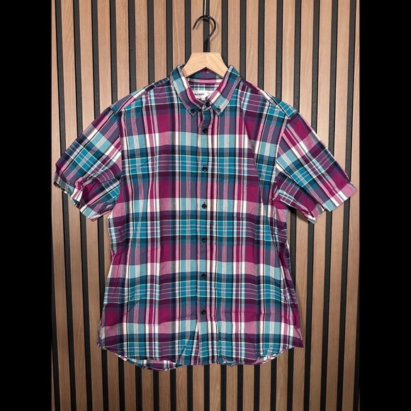 Old Navy Other - Old Navy Shirt Medium Blue Pink Check Plaid Short Sleeve Button Oxford Slim Fit